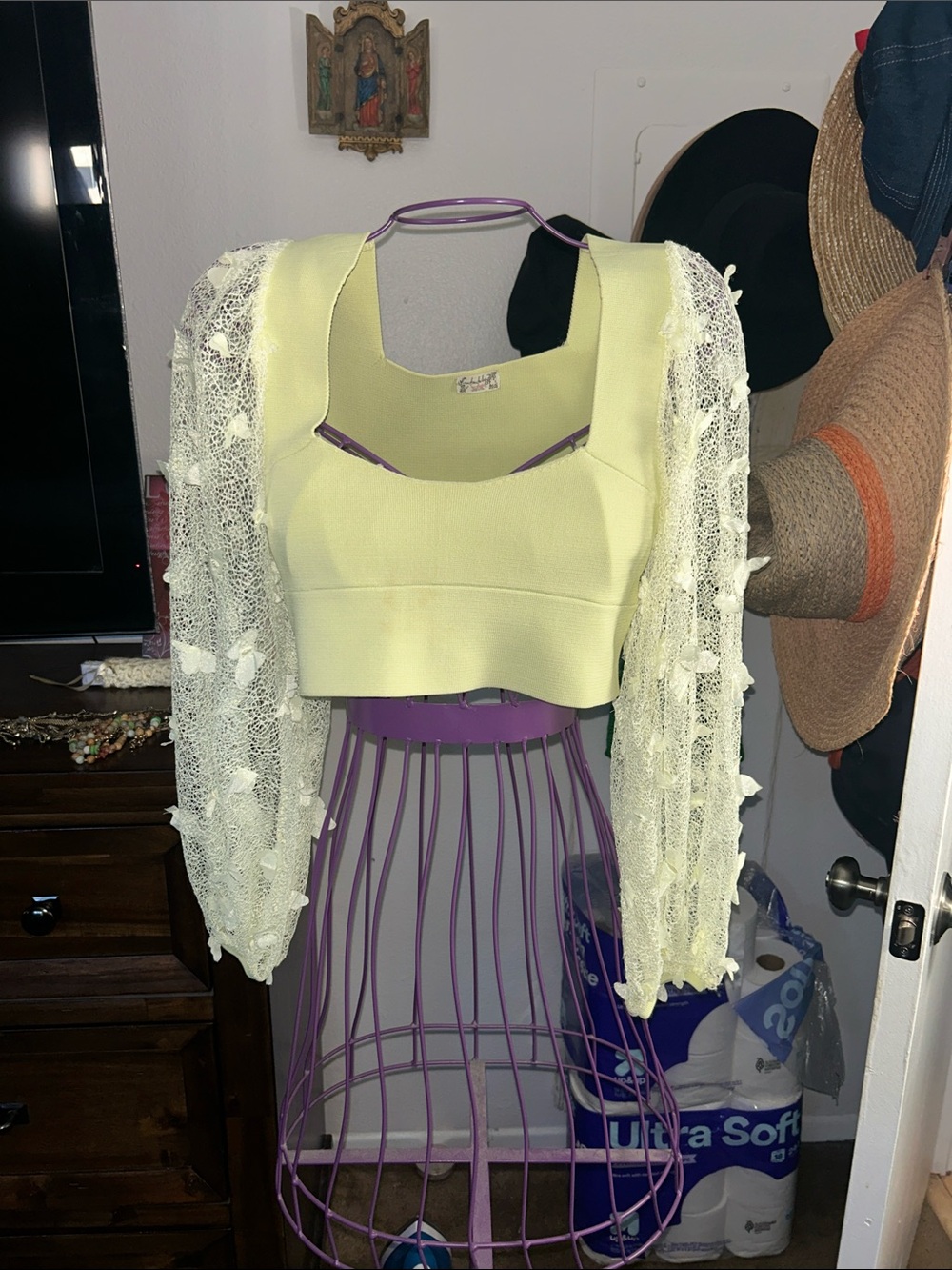 Free People Lime Green Lace-Sleeve Crop Top